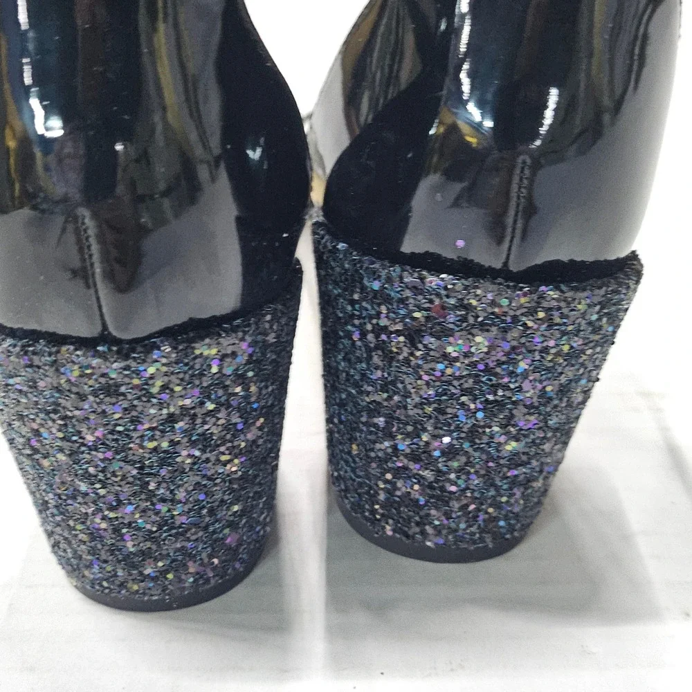 Marc Fisher Safia Black Patent Glitter Block‎ Heel Sandals 5.5M QMSAFIA NEW